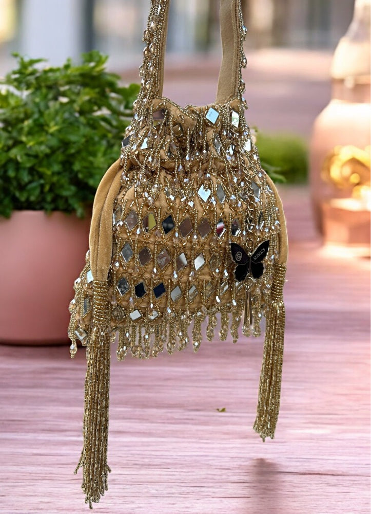 Slingss Exclusive Luxury Range Mirror Embroidered Jhallar Partywear Potli For Ladies With Handle