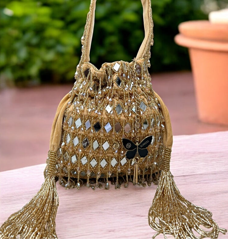 Slingss Exclusive Luxury Range Mirror Embroidered Jhallar Partywear Potli For Ladies With Handle