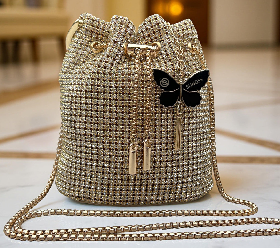 Slingss Exclusive Luxury Range Diamonds Embroidered Partywear Potli Bag For Ladies With Handle & Long Chain
