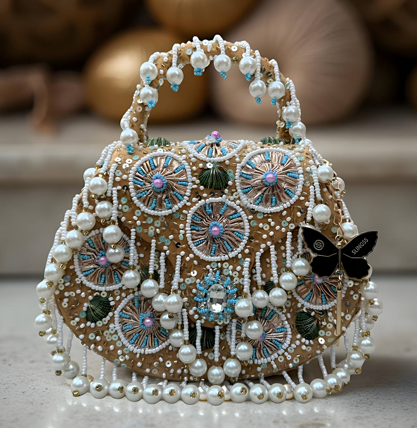 Slingss Luxury Range Hanging Beads Embroidered Partywear Handbag For Ladies With Handle & Chain