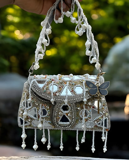 Slingss Luxury Range Hanging Beads Mirror Embroidered Partywear Handbag For Ladies With Handle