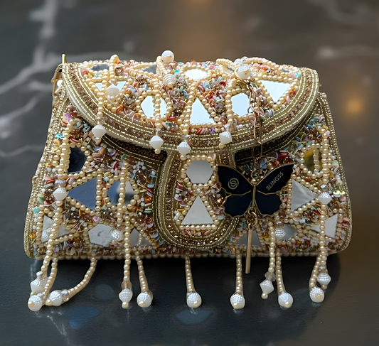 Slingss Luxury Range Hanging Beads Mirror Embroidered Partywear Handbag For Ladies With Handle