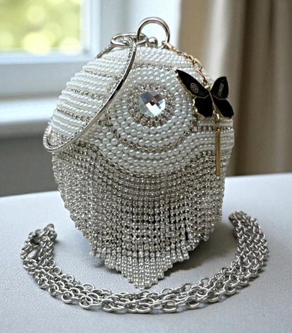 Slingss Exclusive Premium Ball Shaped Partywear Embroidered Clutch For Ladies With Handle & Long Chain