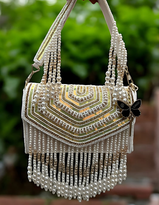 Slingss Luxury Range Hanging Beads Embroidered Partywear Handbag For Ladies With Handle