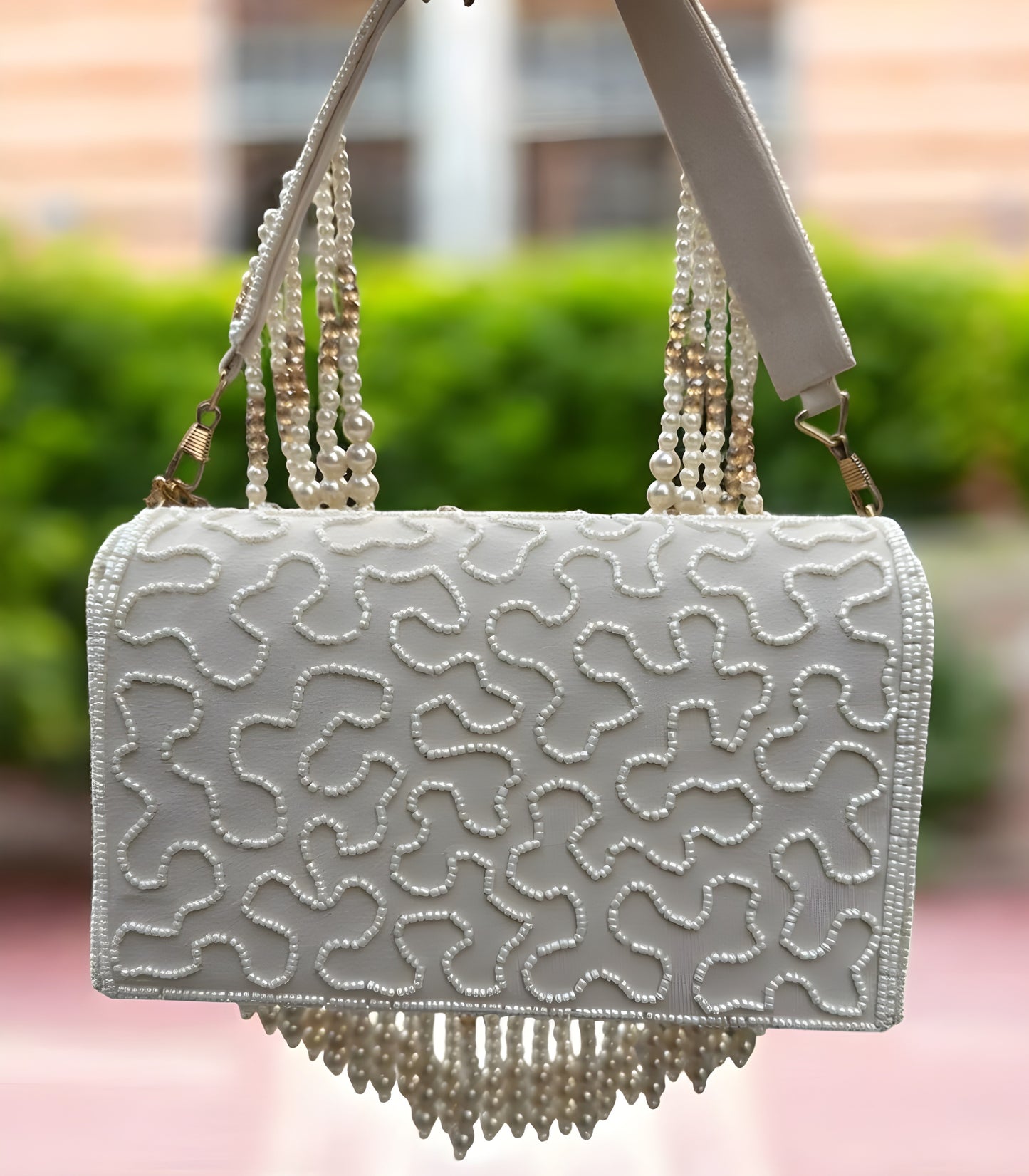 Slingss Luxury Range Hanging Beads Embroidered Partywear Handbag For Ladies With Handle