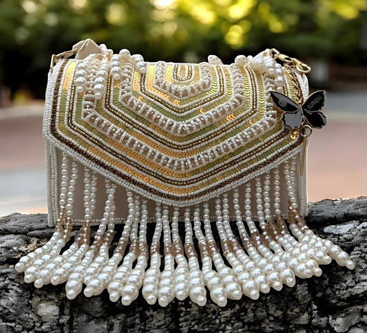 Slingss Luxury Range Hanging Beads Embroidered Partywear Handbag For Ladies With Handle