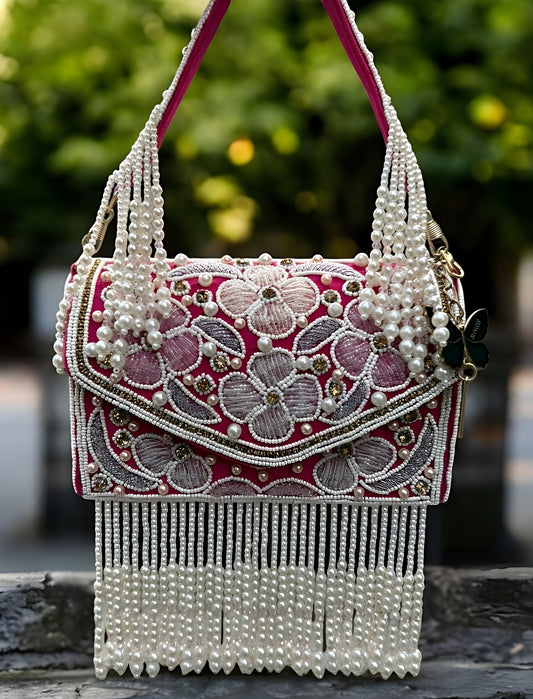 Slingss Luxury Range Hanging Beads Embroidered Partywear Handbag For Ladies With Handle