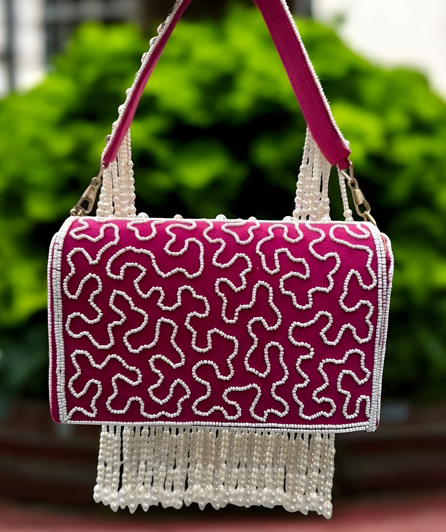 Slingss Luxury Range Hanging Beads Embroidered Partywear Handbag For Ladies With Handle