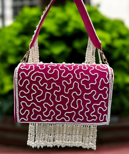 Slingss Luxury Range Hanging Beads Embroidered Partywear Handbag For Ladies With Handle