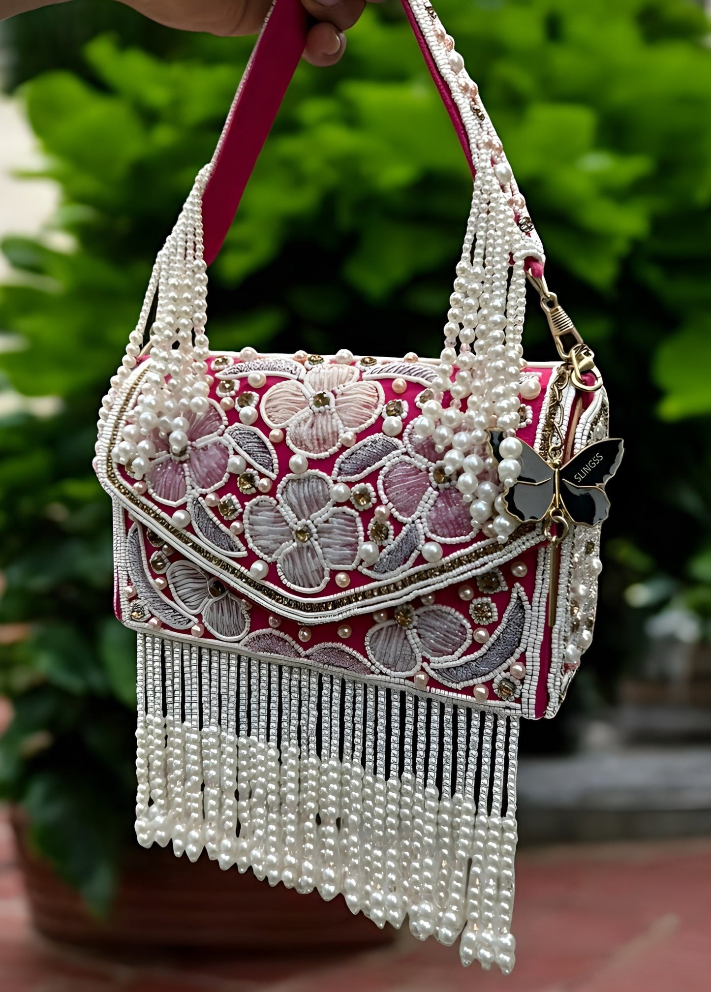 Slingss Luxury Range Hanging Beads Embroidered Partywear Handbag For Ladies With Handle