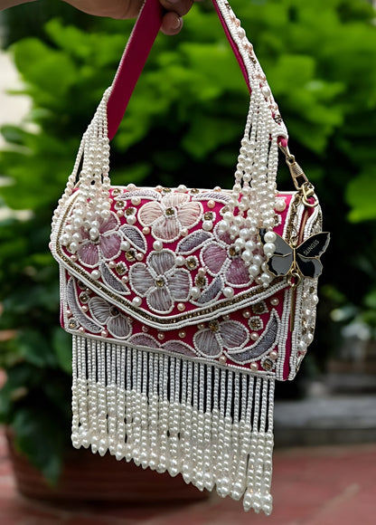 Slingss Luxury Range Hanging Beads Embroidered Partywear Handbag For Ladies With Handle