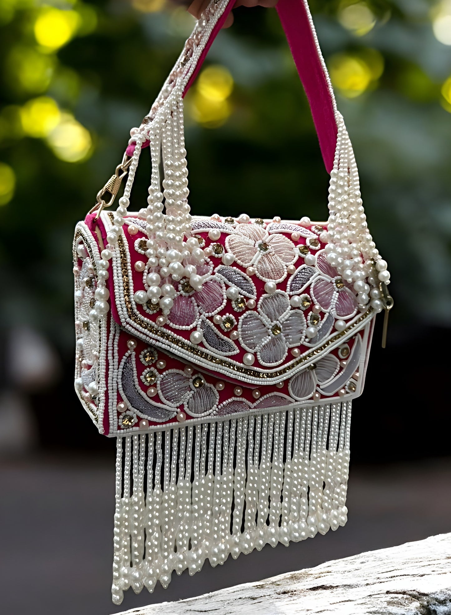 Slingss Luxury Range Hanging Beads Embroidered Partywear Handbag For Ladies With Handle