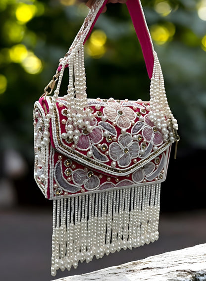Slingss Luxury Range Hanging Beads Embroidered Partywear Handbag For Ladies With Handle