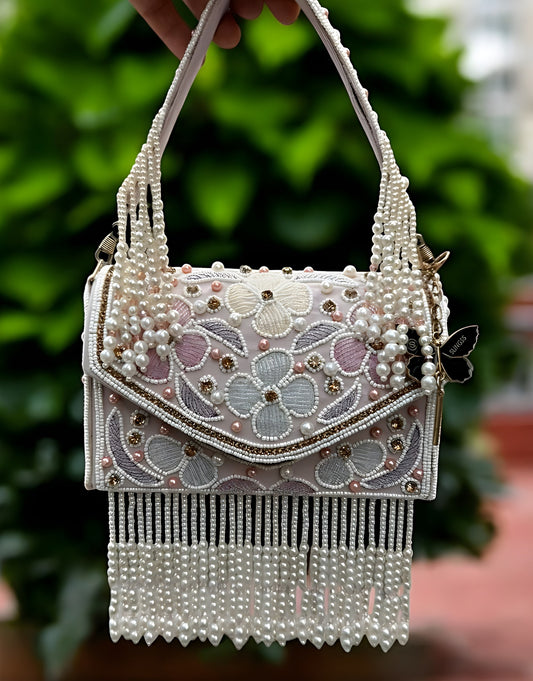 Slingss Luxury Range Hanging Beads Embroidered Partywear Handbag For Ladies With Handle