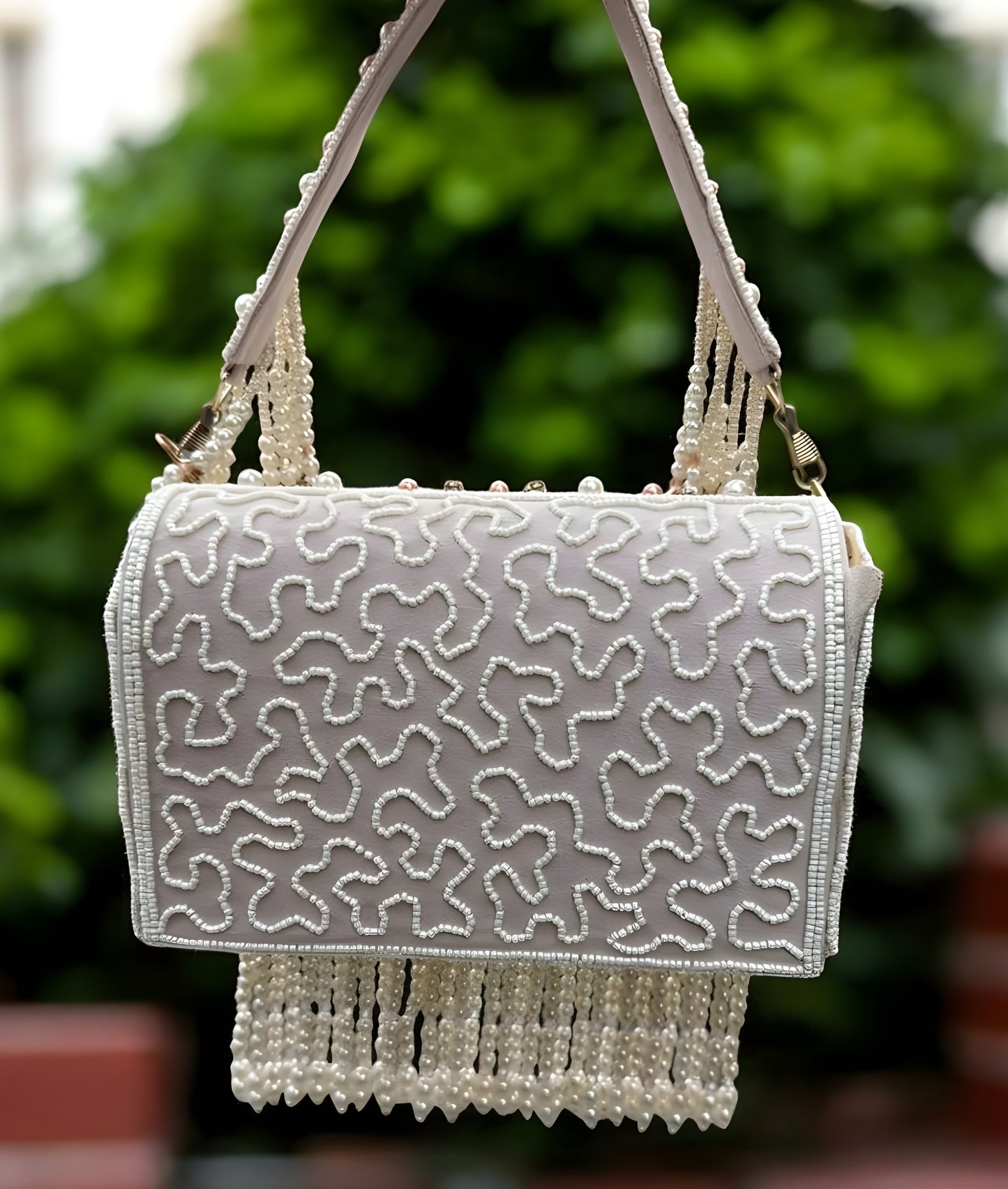 Slingss Luxury Range Hanging Beads Embroidered Partywear Handbag For Ladies With Handle