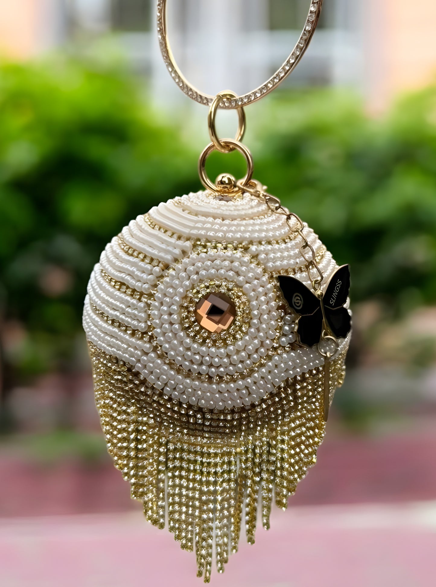 Slingss Exclusive Premium Ball Shaped Partywear Embroidered Clutch For Ladies With Handle & Long Chain