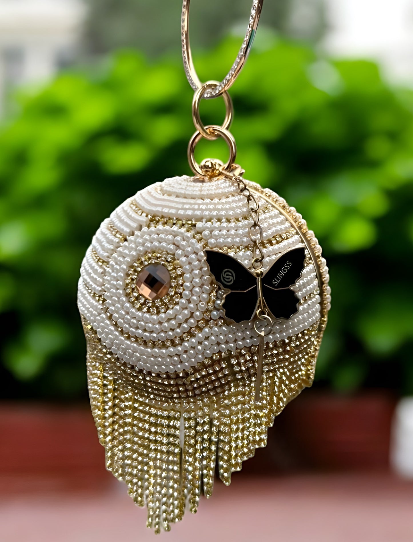 Slingss Exclusive Premium Ball Shaped Partywear Embroidered Clutch For Ladies With Handle & Long Chain