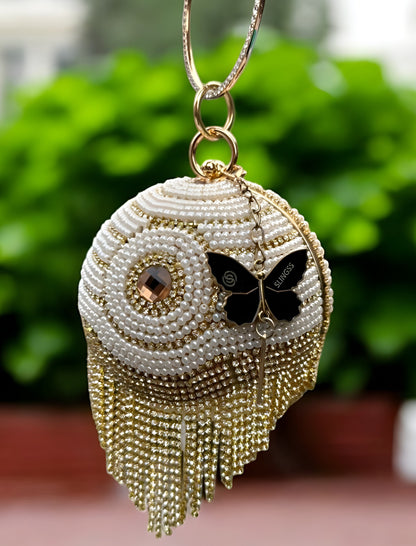 Slingss Exclusive Premium Ball Shaped Partywear Embroidered Clutch For Ladies With Handle & Long Chain