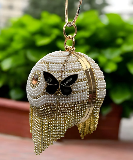 Slingss Exclusive Premium Ball Shaped Partywear Embroidered Clutch For Ladies With Handle & Long Chain