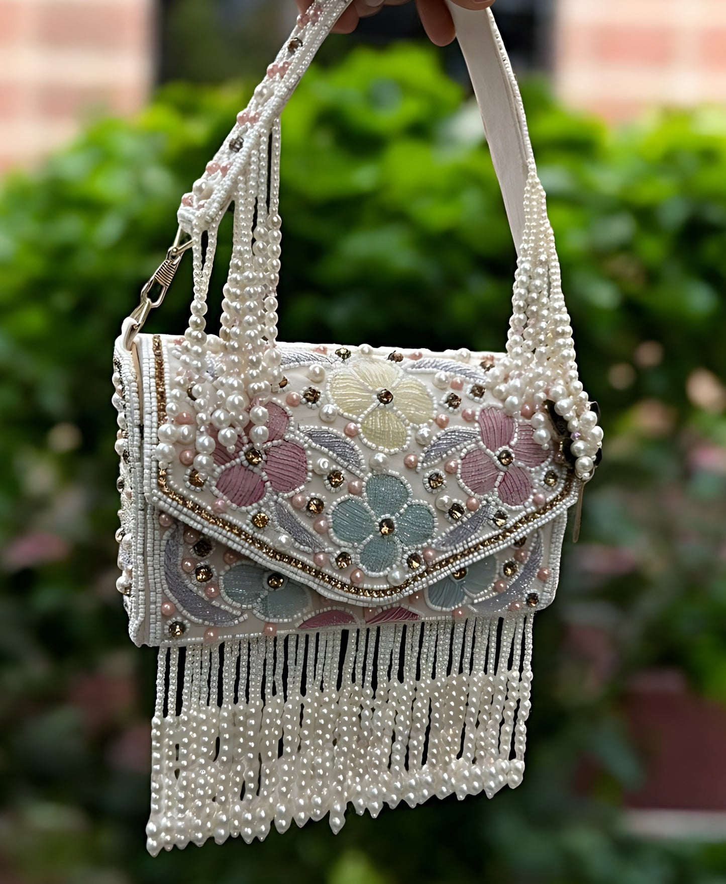 Slingss Luxury Range Hanging Beads Embroidered Partywear Handbag For Ladies With Handle