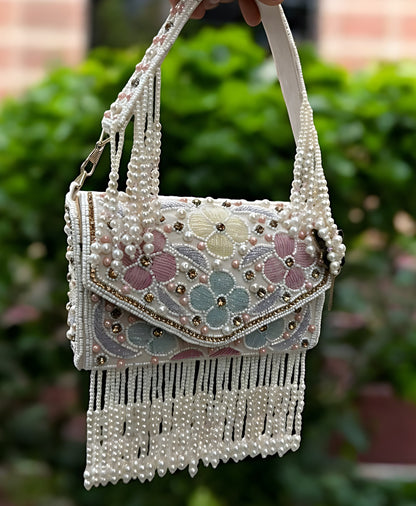 Slingss Luxury Range Hanging Beads Embroidered Partywear Handbag For Ladies With Handle