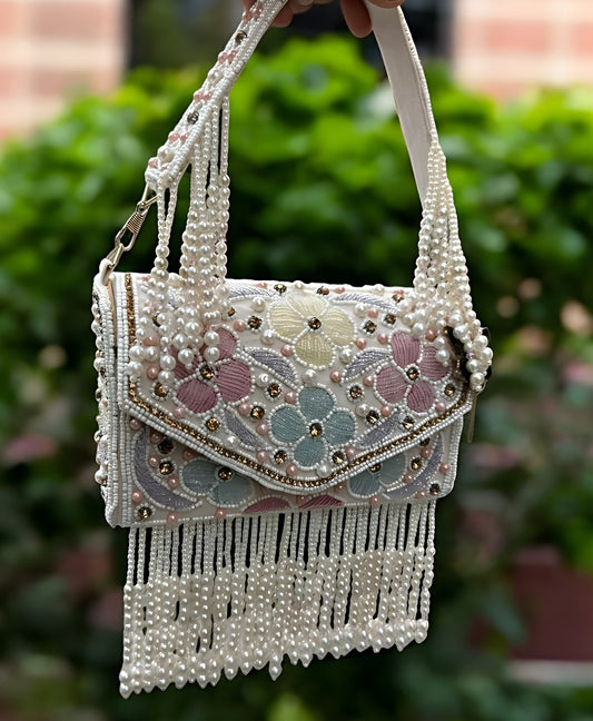 Slingss Luxury Range Hanging Beads Embroidered Partywear Handbag For Ladies With Handle