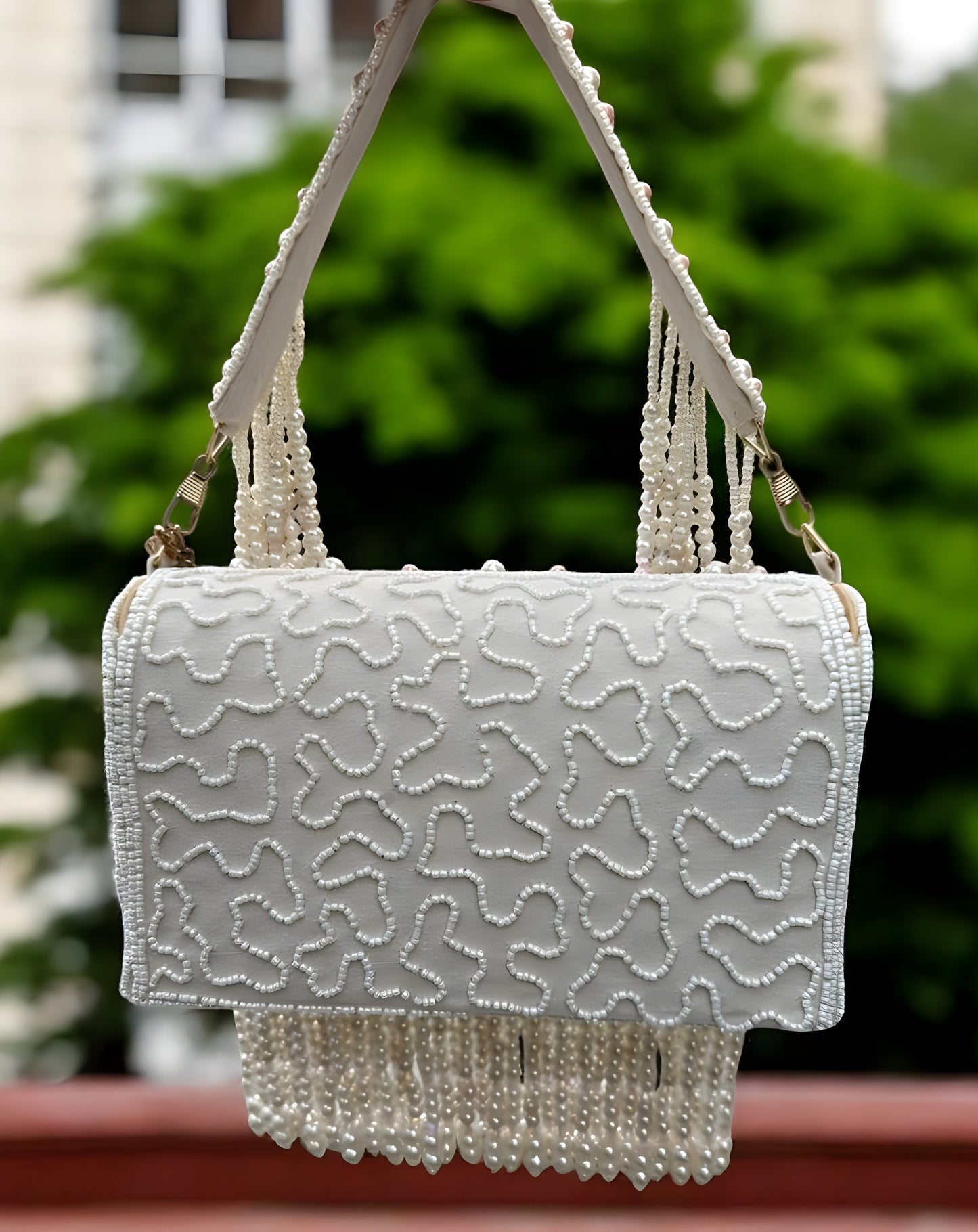 Slingss Luxury Range Hanging Beads Embroidered Partywear Handbag For Ladies With Handle
