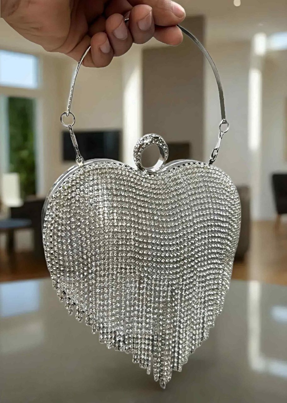 Slingss Exclusive Premium Heart Shape Design Partywear Embroidered Clutch For Ladies With Handle & Long Chain