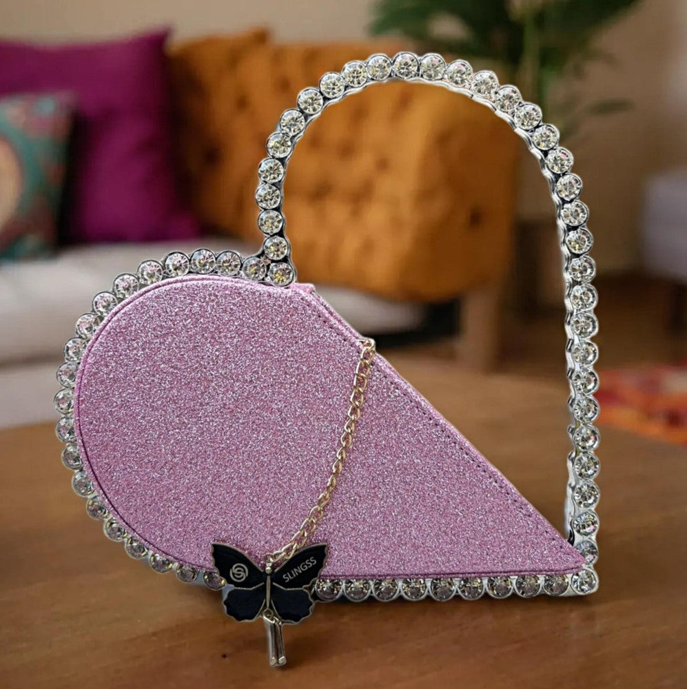 Slingss Exclusive Premium Heart Shape Partywear Diamond Embroidered Handbag For Ladies