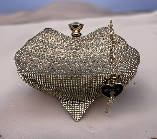 Slingss Exclusive Premium Heart Shape Design Partywear Embroidered Clutch For Ladies With Handle & Long Chain