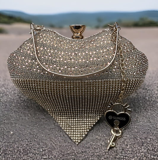 Slingss Exclusive Premium Heart Shape Design Partywear Embroidered Clutch For Ladies With Handle & Long Chain