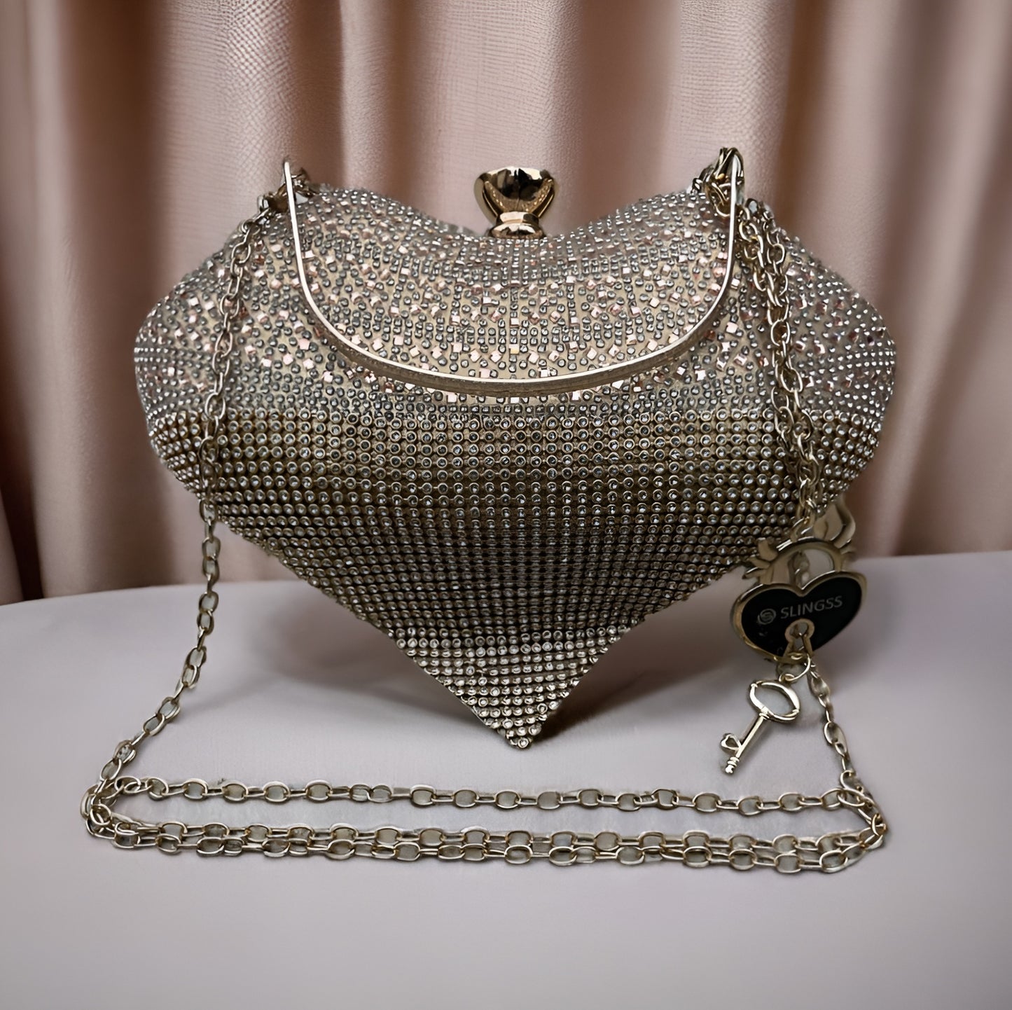 Slingss Exclusive Premium Heart Shape Design Partywear Embroidered Clutch For Ladies With Handle & Long Chain