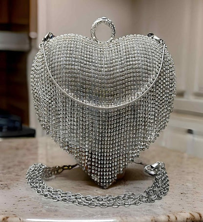 Slingss Exclusive Premium Heart Shape Design Partywear Embroidered Clutch For Ladies With Handle & Long Chain