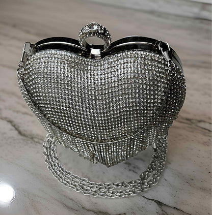 Slingss Exclusive Premium Heart Shape Design Partywear Embroidered Clutch For Ladies With Handle & Long Chain