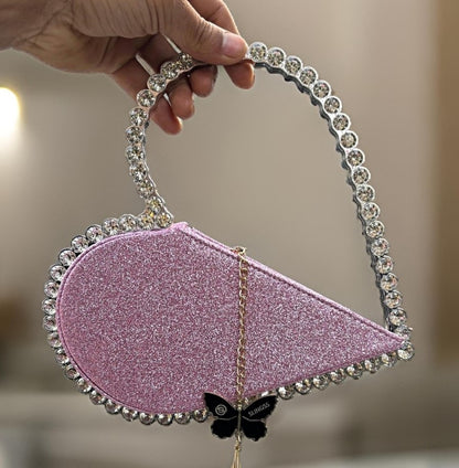 Slingss Exclusive Premium Heart Shape Partywear Diamond Embroidered Handbag For Ladies