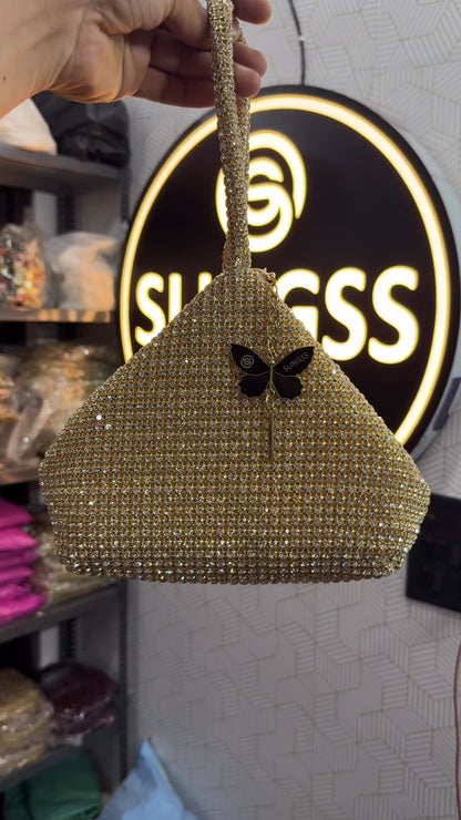 Slingss Luxury Range Exclusive Diamond Studded Partywear Samosa Shaped Potli bag For Ladies