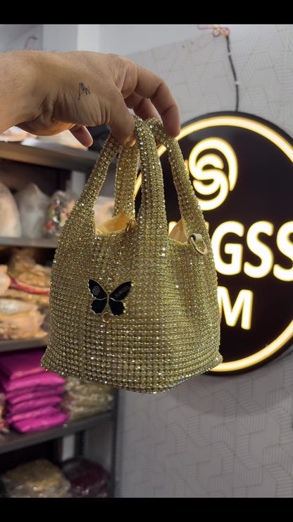 Slingss Luxury Range Exclusive Diamond Studded Partywear Basket Shaped handbag For Ladies With Long Chain