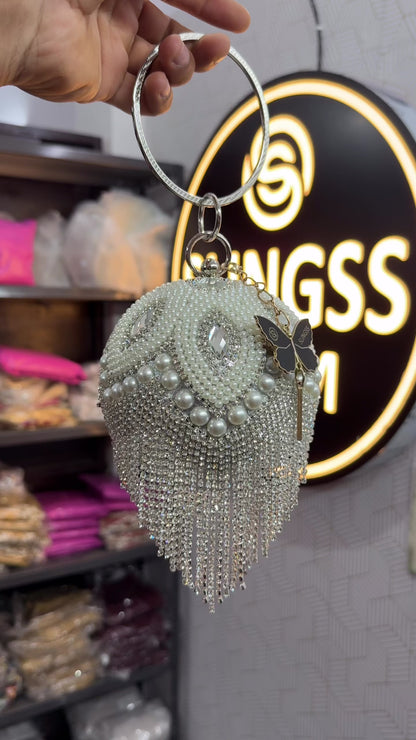 Slingss Exclusive Premium Ball Shaped Partywear Embroidered Clutch For Ladies With Handle & Long Chain