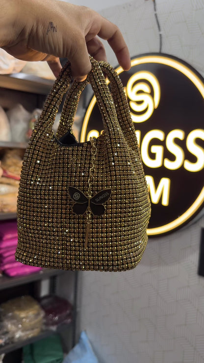 Slingss Luxury Range Exclusive Diamond Studded Partywear Basket Shaped handbag For Ladies With Long Chain