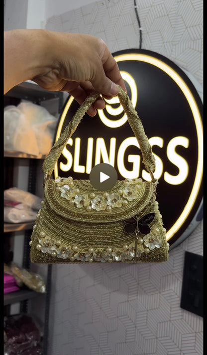 Slingss Luxury Range Flower Embroidered Partywear Handbag For Ladies With Handle