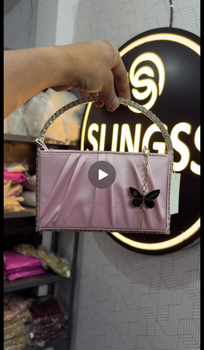 Slingss Exclusive Premium Boxy Shape Partywear Metal Handle Diamond Embroidered Handbag For Ladies
