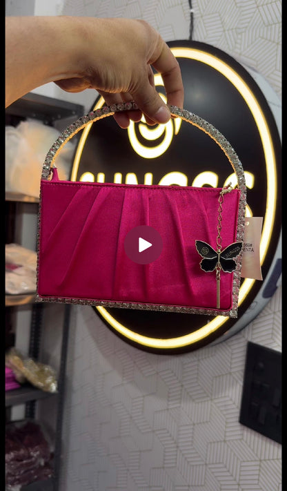 Slingss Exclusive Premium Boxy Shape Partywear Metal Handle Diamond Embroidered Handbag For Ladies