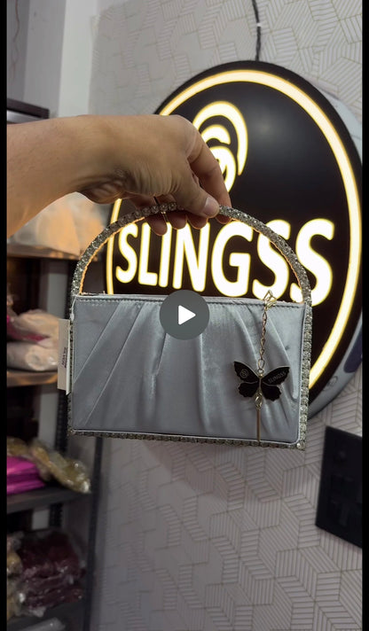 Slingss Exclusive Premium Boxy Shape Partywear Metal Handle Diamond Embroidered Handbag For Ladies