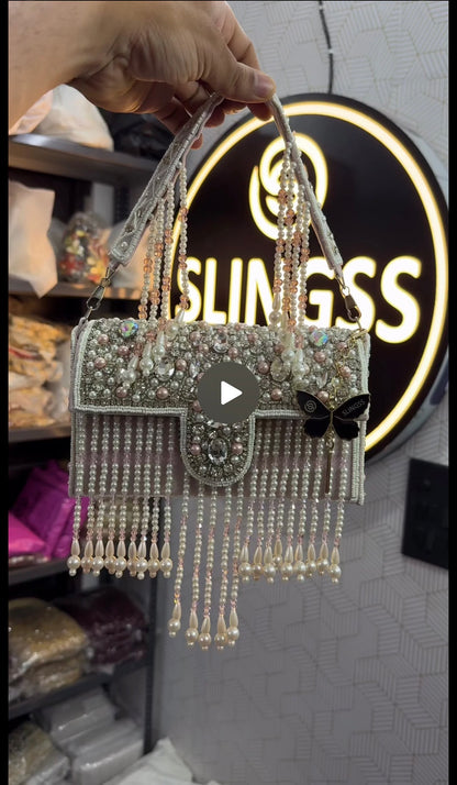 Slingss Luxury Range White Beads Hanging Diamond Embroidered Partywear Handbag For Ladies With Handle
