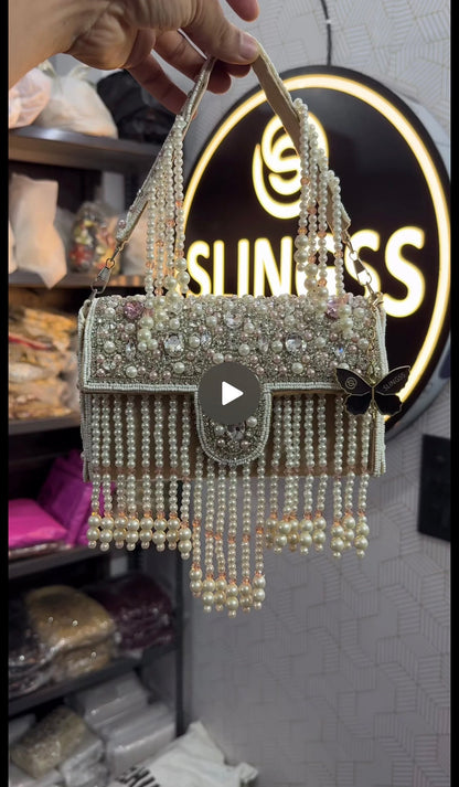Slingss Luxury Range White Beads Hanging Diamond Embroidered Partywear Handbag For Ladies With Handle