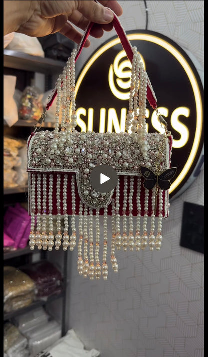 Slingss Luxury Range White Beads Hanging Diamond Embroidered Partywear Handbag For Ladies With Handle
