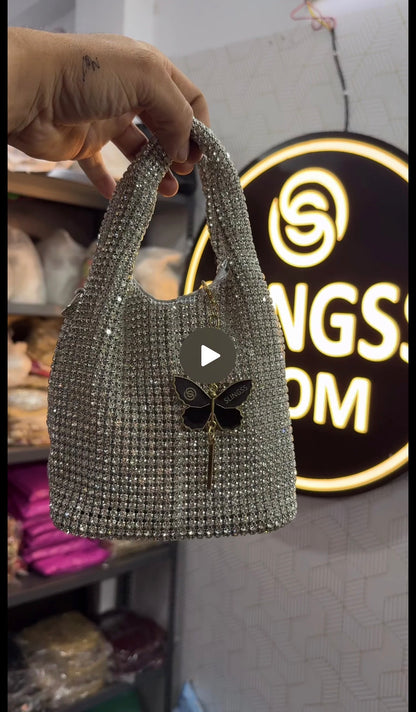 Slingss Luxury Range Exclusive Diamond Studded Partywear Basket Shaped handbag For Ladies With Long Chain
