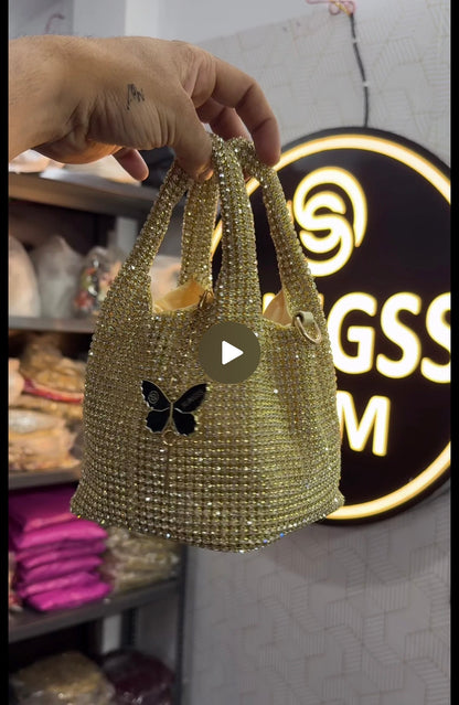 Slingss Luxury Range Exclusive Diamond Studded Partywear Basket Shaped handbag For Ladies With Long Chain