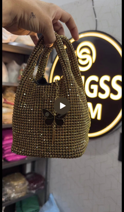 Slingss Luxury Range Exclusive Diamond Studded Partywear Basket Shaped handbag For Ladies With Long Chain