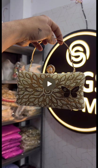 Slingss Exclusive Premium Partywear Pearl Embroidered Clutch For Ladies With Handle & Long Chain
